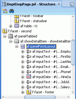 Структура окна с af:panelFormLayout выбран.
