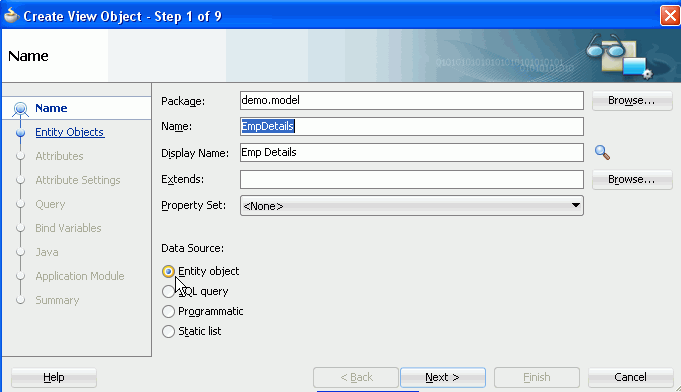 Create View Object wizard Шаг 1 с EmpDetails в поле Имя и Entity-Объекта радио-кнопку нажал.