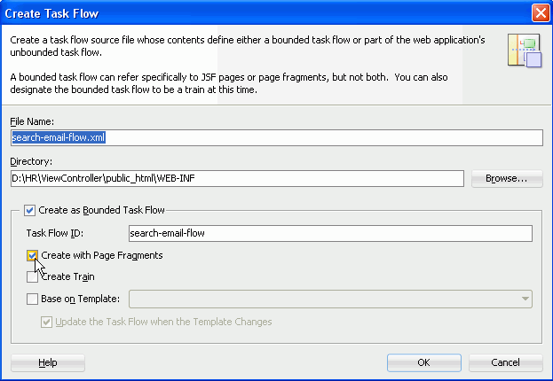 Создать Поток Задач в диалоге с search-email-flow.xml выделенный в поле Имя Файла, Создать, как Ограниченная Задача Поток и Создать с Фрагментов Страницы, флажки, оба проверил.